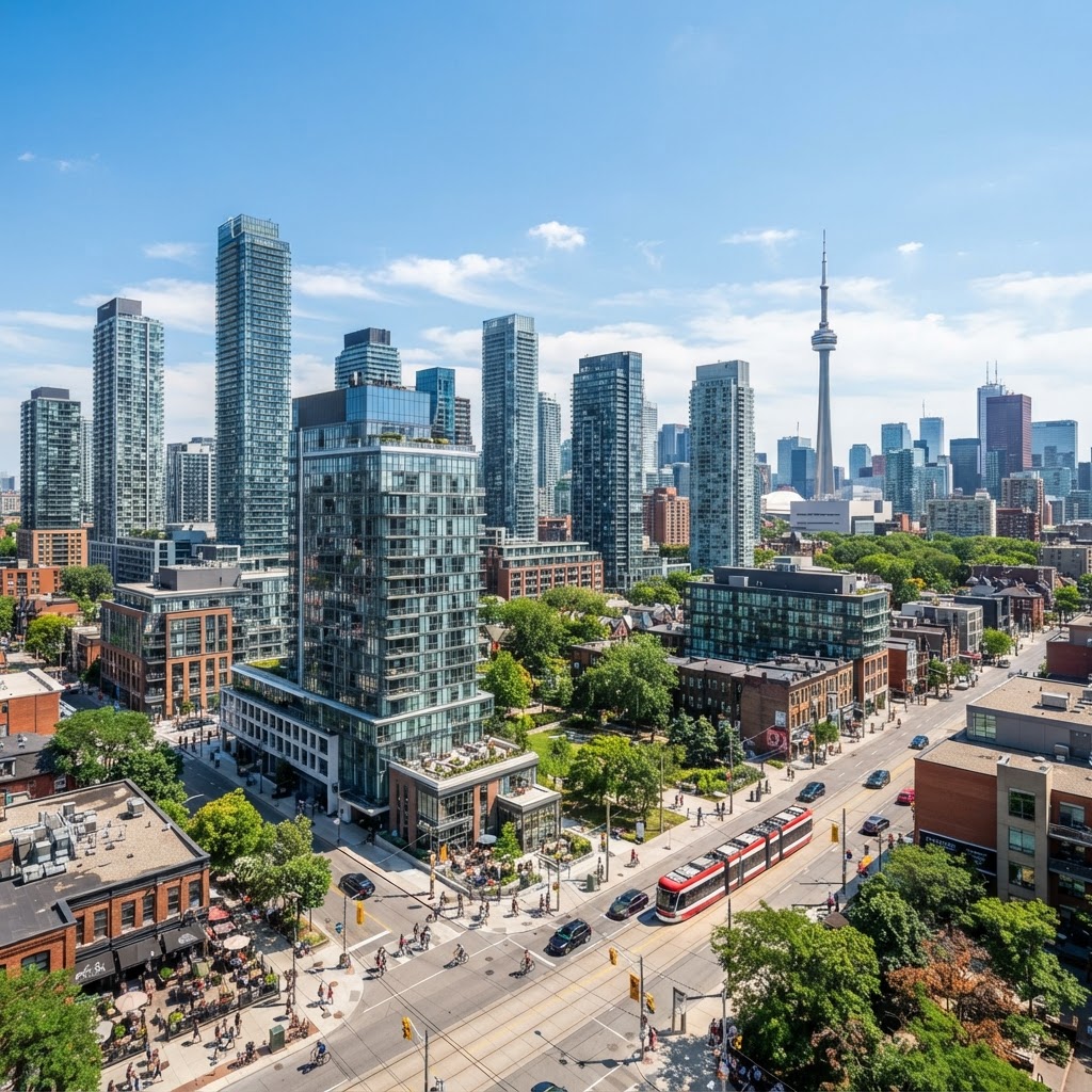 Illustrative photo of King West Toronto skyline and residential condo buildings
