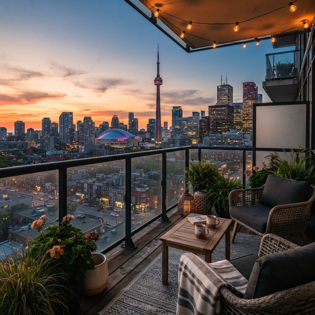 Illustrative photo of a private condo balcony overlooking the King West Toronto skyline