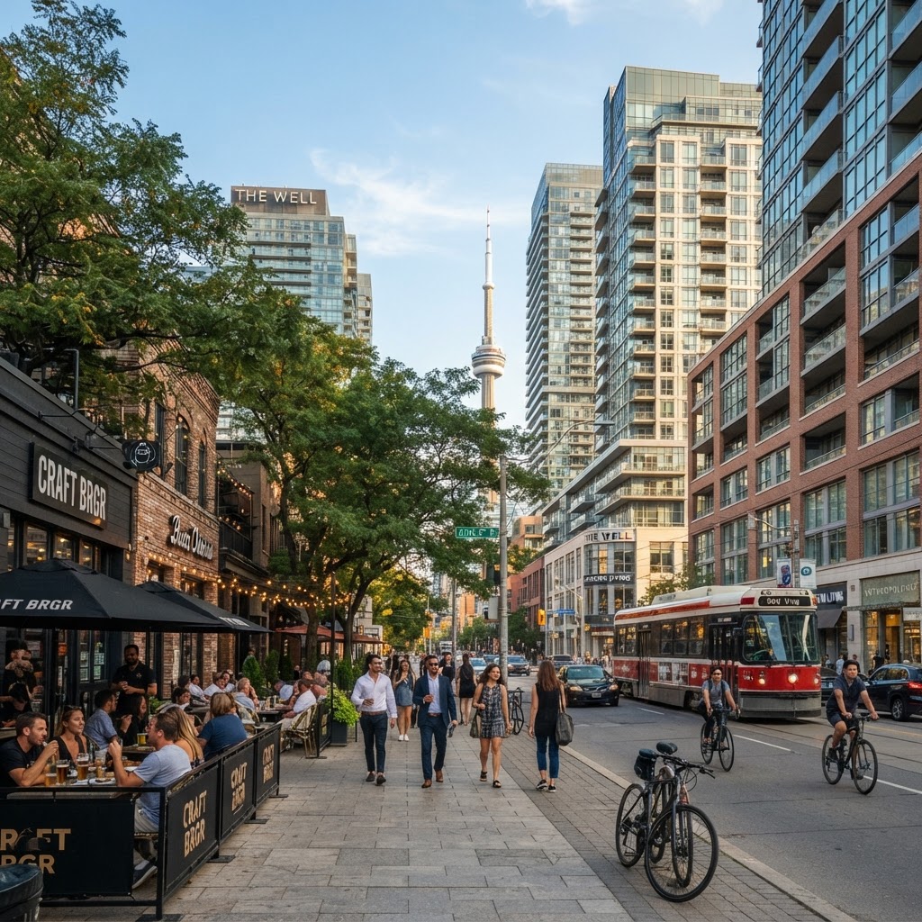 King West Toronto street view with boutique restaurants and cafes (illustrative)