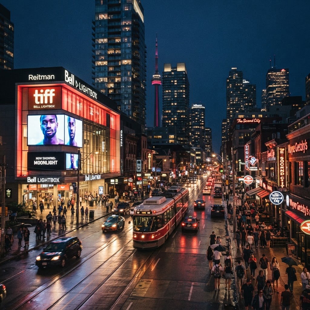 King Street West Toronto Entertainment District evening streetscape (illustrative)
