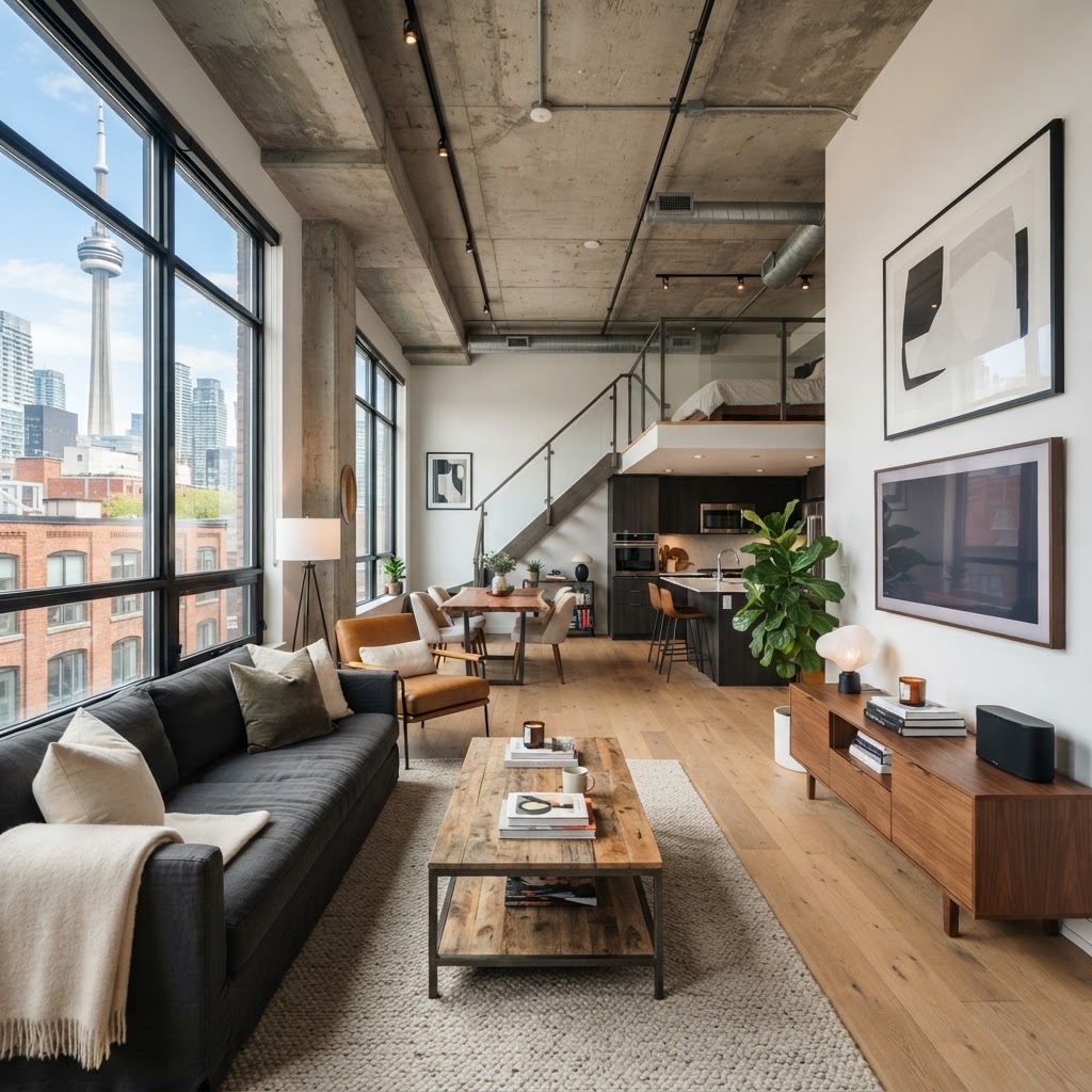 Illustrative photo of a contemporary loft living room in King West Toronto