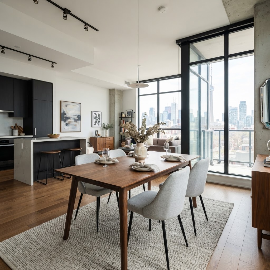 Illustrative photo of a modern open dining area in a King West rental condo