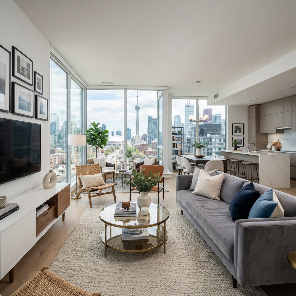 Illustrative photo of a professionally staged King West condo living room with city view