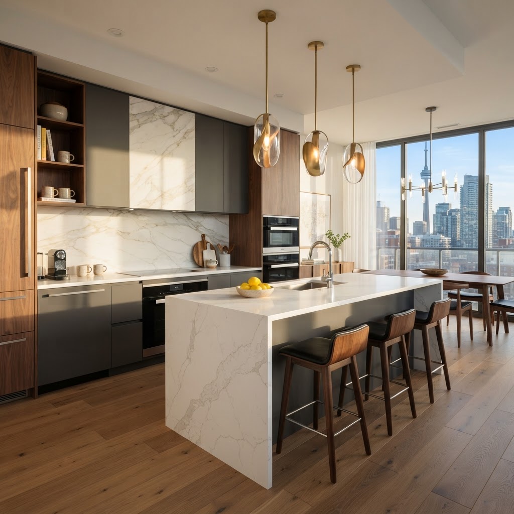 Illustrative photo of a luxury custom condo kitchen with quartz island in King West