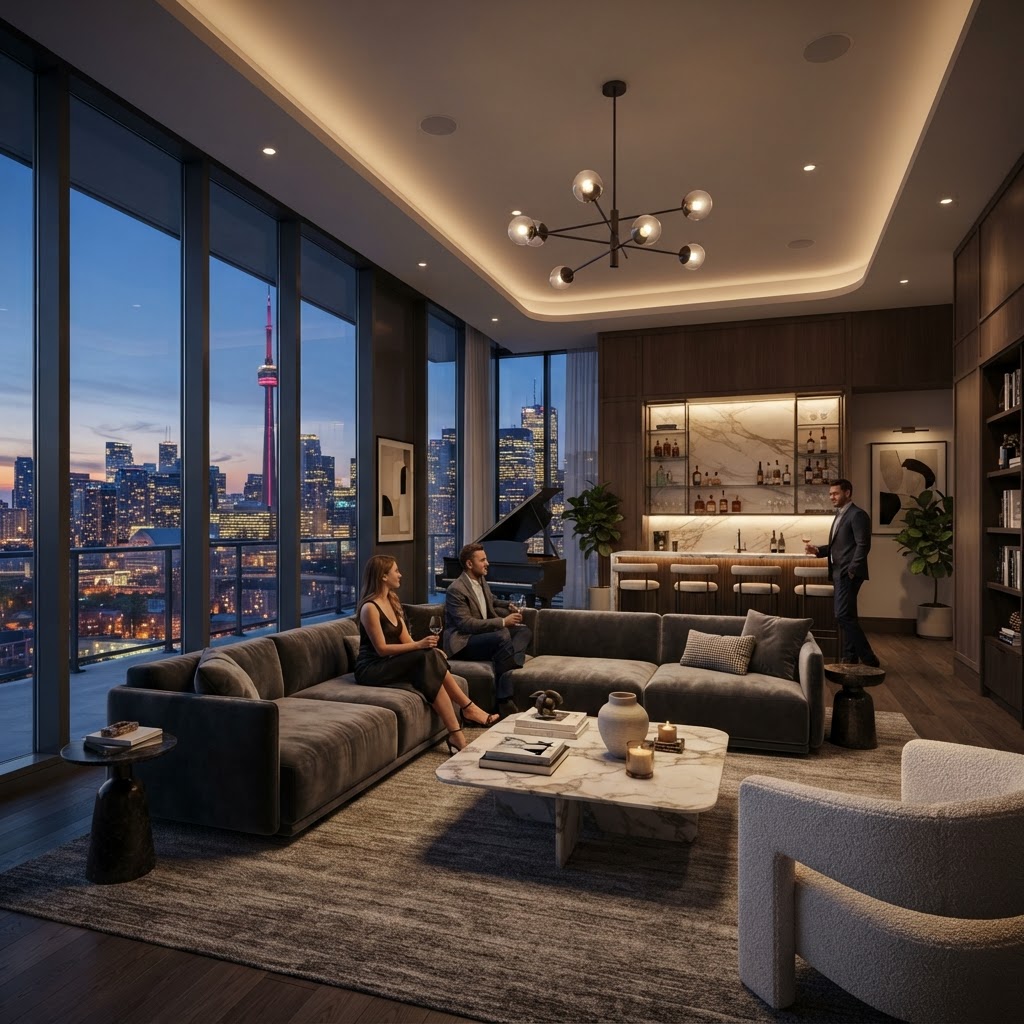 Luxury modern King West condo lounge interior (illustrative)